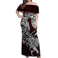 Personalized Denmark Viking Blood Off Shoulder Maxi Dress Nordic Runes and Shield of Ancestry in Tribal Knotwork