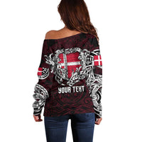 Personalized Denmark Viking Blood Off Shoulder Sweater Nordic Runes and Shield of Ancestry in Tribal Knotwork