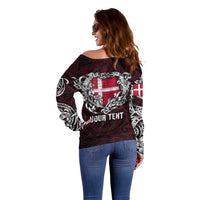 Personalized Denmark Viking Blood Off Shoulder Sweater Nordic Runes and Shield of Ancestry in Tribal Knotwork