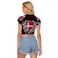 Personalized Denmark Viking Blood Raglan Cropped T Shirt Nordic Runes and Shield of Ancestry in Tribal Knotwork
