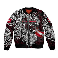Personalized Denmark Viking Blood Sleeve Zip Bomber Jacket Nordic Runes and Shield of Ancestry in Tribal Knotwork