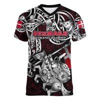Personalized Denmark Viking Blood Women V-Neck T-Shirt Nordic Runes and Shield of Ancestry in Tribal Knotwork