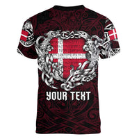 Personalized Denmark Viking Blood Women V-Neck T-Shirt Nordic Runes and Shield of Ancestry in Tribal Knotwork