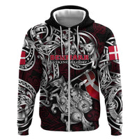 Personalized Denmark Viking Blood Zip Hoodie Nordic Runes and Shield of Ancestry in Tribal Knotwork