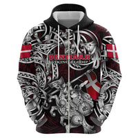 Personalized Denmark Viking Blood Zip Hoodie Nordic Runes and Shield of Ancestry in Tribal Knotwork