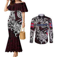 Personalized Norway Viking Blood Couples Matching Mermaid Dress and Long Sleeve Button Shirt Nordic Runes and Shield of Ancestry in Tribal Knotwork
