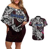 Personalized Norway Viking Blood Couples Matching Off Shoulder Short Dress and Hawaiian Shirt Nordic Runes and Shield of Ancestry in Tribal Knotwork