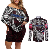Personalized Norway Viking Blood Couples Matching Off Shoulder Short Dress and Long Sleeve Button Shirt Nordic Runes and Shield of Ancestry in Tribal Knotwork