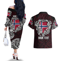 Personalized Norway Viking Blood Couples Matching Off The Shoulder Long Sleeve Dress and Hawaiian Shirt Nordic Runes and Shield of Ancestry in Tribal Knotwork