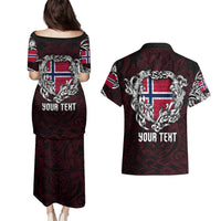 Personalized Norway Viking Blood Couples Matching Puletasi and Hawaiian Shirt Nordic Runes and Shield of Ancestry in Tribal Knotwork