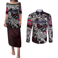 Personalized Norway Viking Blood Couples Matching Puletasi and Long Sleeve Button Shirt Nordic Runes and Shield of Ancestry in Tribal Knotwork