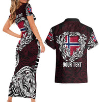 Personalized Norway Viking Blood Couples Matching Short Sleeve Bodycon Dress and Hawaiian Shirt Nordic Runes and Shield of Ancestry in Tribal Knotwork