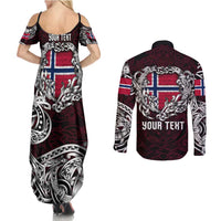Personalized Norway Viking Blood Couples Matching Summer Maxi Dress and Long Sleeve Button Shirt Nordic Runes and Shield of Ancestry in Tribal Knotwork