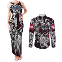Personalized Norway Viking Blood Couples Matching Tank Maxi Dress and Long Sleeve Button Shirt Nordic Runes and Shield of Ancestry in Tribal Knotwork