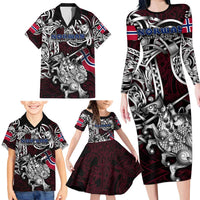 Personalized Norway Viking Blood Family Matching Long Sleeve Bodycon Dress and Hawaiian Shirt Nordic Runes and Shield of Ancestry in Tribal Knotwork