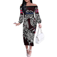 Personalized Norway Viking Blood Family Matching Off The Shoulder Long Sleeve Dress and Hawaiian Shirt Nordic Runes and Shield of Ancestry in Tribal Knotwork