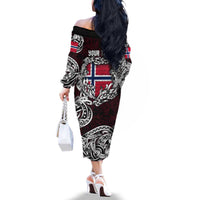 Personalized Norway Viking Blood Family Matching Off The Shoulder Long Sleeve Dress and Hawaiian Shirt Nordic Runes and Shield of Ancestry in Tribal Knotwork
