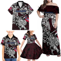 Personalized Norway Viking Blood Family Matching Off Shoulder Maxi Dress and Hawaiian Shirt Nordic Runes and Shield of Ancestry in Tribal Knotwork