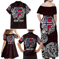 Personalized Norway Viking Blood Family Matching Off Shoulder Maxi Dress and Hawaiian Shirt Nordic Runes and Shield of Ancestry in Tribal Knotwork