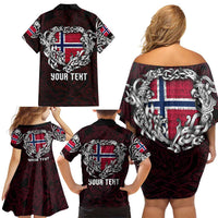 Personalized Norway Viking Blood Family Matching Off Shoulder Short Dress and Hawaiian Shirt Nordic Runes and Shield of Ancestry in Tribal Knotwork