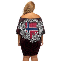 Personalized Norway Viking Blood Family Matching Off Shoulder Short Dress and Hawaiian Shirt Nordic Runes and Shield of Ancestry in Tribal Knotwork