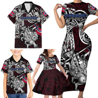 Personalized Norway Viking Blood Family Matching Short Sleeve Bodycon Dress and Hawaiian Shirt Nordic Runes and Shield of Ancestry in Tribal Knotwork