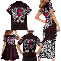 Personalized Norway Viking Blood Family Matching Short Sleeve Bodycon Dress and Hawaiian Shirt Nordic Runes and Shield of Ancestry in Tribal Knotwork