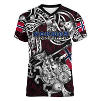 Personalized Norway Viking Blood Women V-Neck T-Shirt Nordic Runes and Shield of Ancestry in Tribal Knotwork