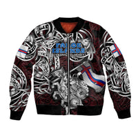 Personalized Faroe Islands Viking Blood Bomber Jacket Nordic Runes and Shield of Ancestry in Tribal Knotwork