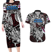 Personalized Faroe Islands Viking Blood Couples Matching Long Sleeve Bodycon Dress and Hawaiian Shirt Nordic Runes and Shield of Ancestry in Tribal Knotwork
