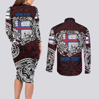 Personalized Faroe Islands Viking Blood Couples Matching Long Sleeve Bodycon Dress and Long Sleeve Button Shirt Nordic Runes and Shield of Ancestry in Tribal Knotwork