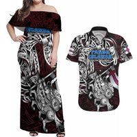 Personalized Faroe Islands Viking Blood Couples Matching Off Shoulder Maxi Dress and Hawaiian Shirt Nordic Runes and Shield of Ancestry in Tribal Knotwork