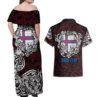 Personalized Faroe Islands Viking Blood Couples Matching Off Shoulder Maxi Dress and Hawaiian Shirt Nordic Runes and Shield of Ancestry in Tribal Knotwork