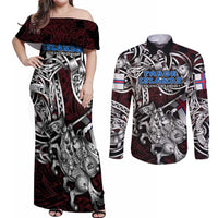 Personalized Faroe Islands Viking Blood Couples Matching Off Shoulder Maxi Dress and Long Sleeve Button Shirt Nordic Runes and Shield of Ancestry in Tribal Knotwork