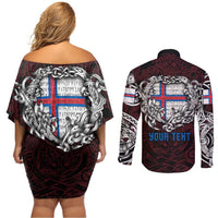 Personalized Faroe Islands Viking Blood Couples Matching Off Shoulder Short Dress and Long Sleeve Button Shirt Nordic Runes and Shield of Ancestry in Tribal Knotwork