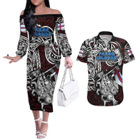 Personalized Faroe Islands Viking Blood Couples Matching Off The Shoulder Long Sleeve Dress and Hawaiian Shirt Nordic Runes and Shield of Ancestry in Tribal Knotwork