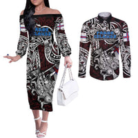 Personalized Faroe Islands Viking Blood Couples Matching Off The Shoulder Long Sleeve Dress and Long Sleeve Button Shirt Nordic Runes and Shield of Ancestry in Tribal Knotwork
