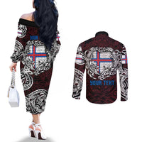 Personalized Faroe Islands Viking Blood Couples Matching Off The Shoulder Long Sleeve Dress and Long Sleeve Button Shirt Nordic Runes and Shield of Ancestry in Tribal Knotwork