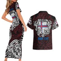 Personalized Faroe Islands Viking Blood Couples Matching Short Sleeve Bodycon Dress and Hawaiian Shirt Nordic Runes and Shield of Ancestry in Tribal Knotwork