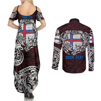 Personalized Faroe Islands Viking Blood Couples Matching Summer Maxi Dress and Long Sleeve Button Shirt Nordic Runes and Shield of Ancestry in Tribal Knotwork