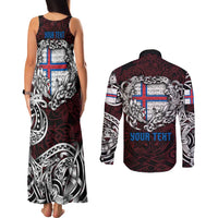 Personalized Faroe Islands Viking Blood Couples Matching Tank Maxi Dress and Long Sleeve Button Shirt Nordic Runes and Shield of Ancestry in Tribal Knotwork
