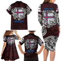 Personalized Faroe Islands Viking Blood Family Matching Long Sleeve Bodycon Dress and Hawaiian Shirt Nordic Runes and Shield of Ancestry in Tribal Knotwork