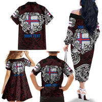 Personalized Faroe Islands Viking Blood Family Matching Off The Shoulder Long Sleeve Dress and Hawaiian Shirt Nordic Runes and Shield of Ancestry in Tribal Knotwork