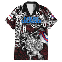 Personalized Faroe Islands Viking Blood Family Matching Off The Shoulder Long Sleeve Dress and Hawaiian Shirt Nordic Runes and Shield of Ancestry in Tribal Knotwork