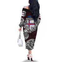 Personalized Faroe Islands Viking Blood Family Matching Off The Shoulder Long Sleeve Dress and Hawaiian Shirt Nordic Runes and Shield of Ancestry in Tribal Knotwork