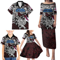 Personalized Faroe Islands Viking Blood Family Matching Puletasi and Hawaiian Shirt Nordic Runes and Shield of Ancestry in Tribal Knotwork