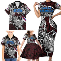 Personalized Faroe Islands Viking Blood Family Matching Short Sleeve Bodycon Dress and Hawaiian Shirt Nordic Runes and Shield of Ancestry in Tribal Knotwork