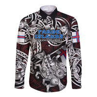 Personalized Faroe Islands Viking Blood Long Sleeve Button Shirt Nordic Runes and Shield of Ancestry in Tribal Knotwork