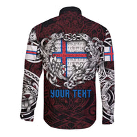 Personalized Faroe Islands Viking Blood Long Sleeve Button Shirt Nordic Runes and Shield of Ancestry in Tribal Knotwork