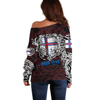 Personalized Faroe Islands Viking Blood Off Shoulder Sweater Nordic Runes and Shield of Ancestry in Tribal Knotwork